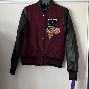 Madden Girl Bomber Letterman Jacket Coat Burgundy Black Snap Button